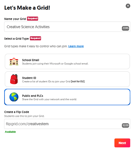 Options when setting up a new FlipGrid grid
