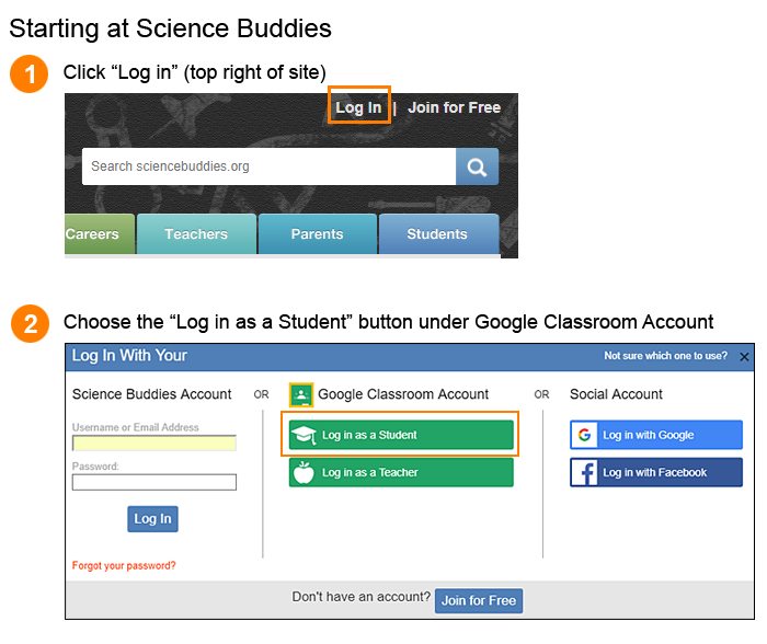 Login from the Science Buddies website