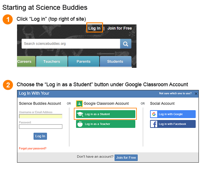 Cropped screenshots of a log in link and a log in prompt on ScienceBuddies.org