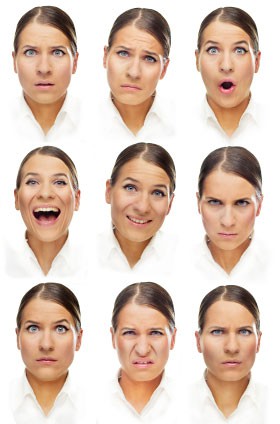 Nine images of a woman displaying different facial expressions