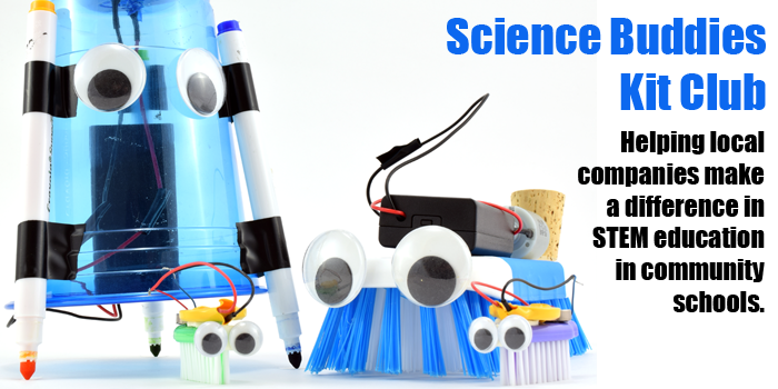 Banner for the Science Buddies Kit Club shows a vibrobot next to three bristle bots