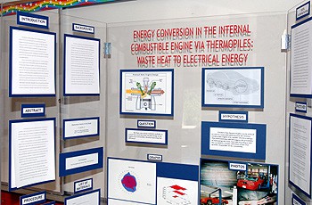 A science project displayed on tri-fold display board made of acrylic sheets