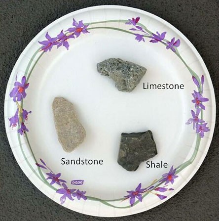 Three rocks arranged on a plate to make a triangle