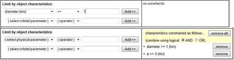 Setting search constraints in an astroid database