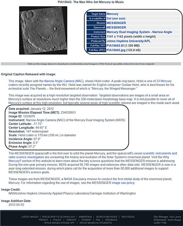 The information page for an image in Photojournal