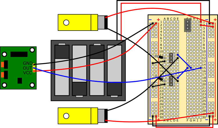 Breadboard diagram of a circuit board, battery pack and two motors wired to a breadboard