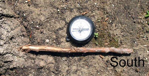 A wooden stick lies parallel to the arrow of a compass point south