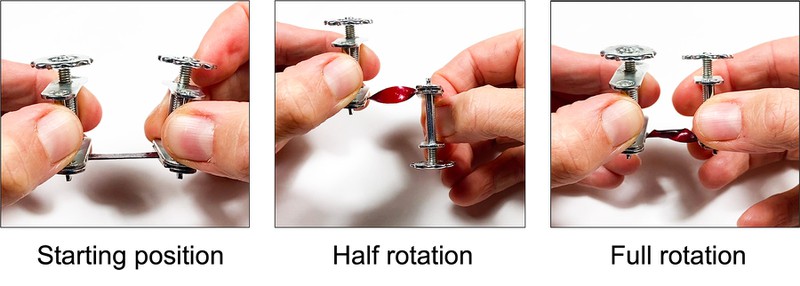 A series if images showing two hands holding the two compressor clamps containing the sample. In each image the right compressor clamp has been rotated by 180 degrees. 