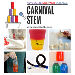 Curved mirror reflections, foam roller coaster with a loop, a bottle being tossed, a pyramid of bottles filled with water for a carnival game Carnival Science Week 9 - part of Awesome Summer Science Experiments series
