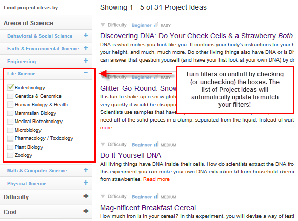 Science Buddies Project Library Filters / Sample