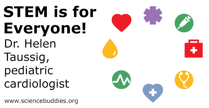 Icons related to heart health and medicine to represent Dr. Helen Taussig's career in pediatric cardiology