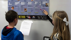 Students consulting classroom scientific method poster