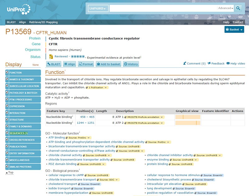 Screenshot of the CFTR gene information page on the website uniprot.org