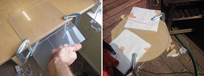 Plexiglass is cut by scoring and snapping the glass or a jigsaw is used to cut plexiglass into non-linear shapes