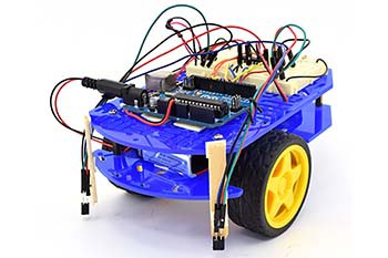 An Arduino robot with two downward-facing infrared sensors mounted on the front 