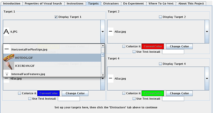 Screenshot of the Targets tab in the program Visual Search