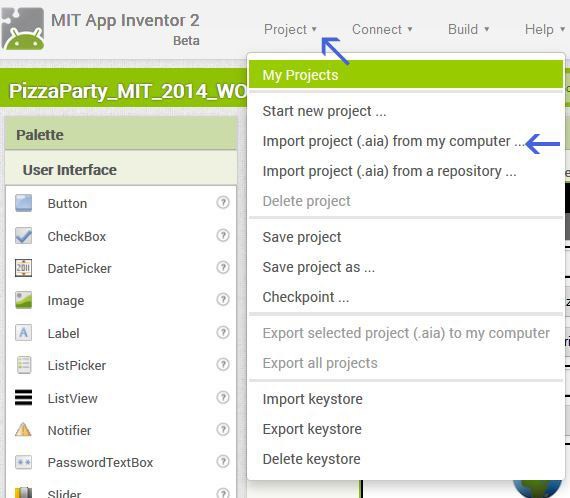 Screenshot of the project menu in the MIT app inventor at appinventor.mit.edu
