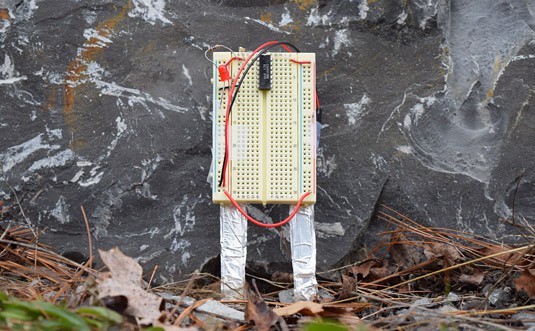 A breadboard is wired with two aluminum legs that are inserted into the ground
