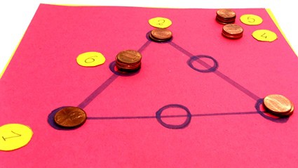 A perimeter magic triangle with pennies being solved