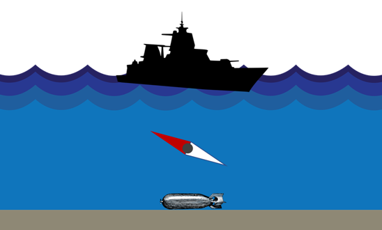 Drawing of a ship floating above a magnetic mine