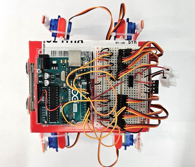 Top view of robot showing Arduino and breadboard 