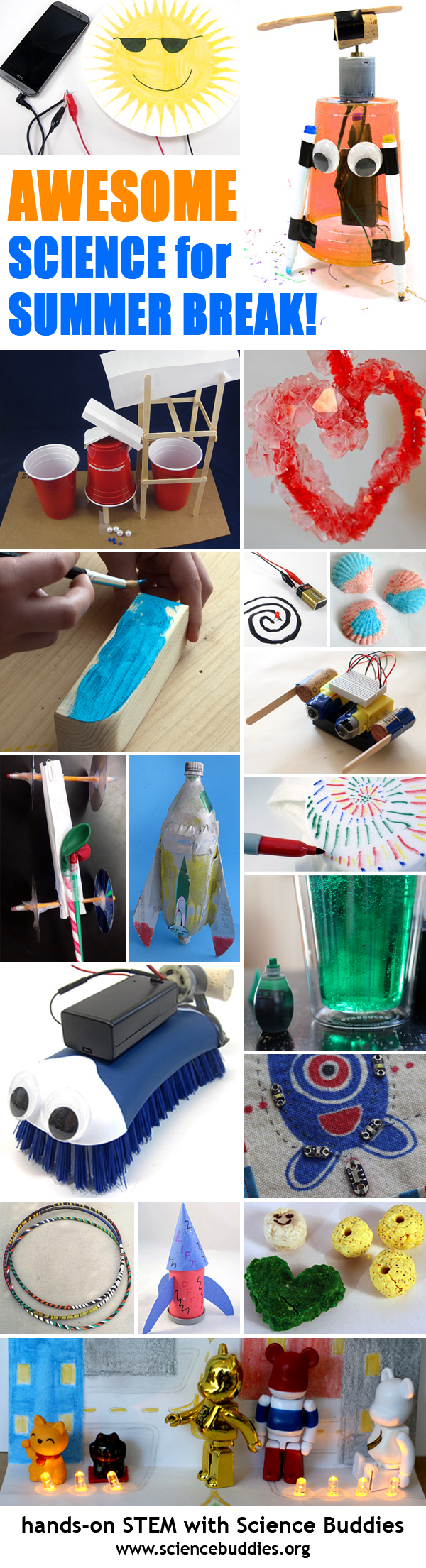 Photo collage of eighteen science projects for summer break