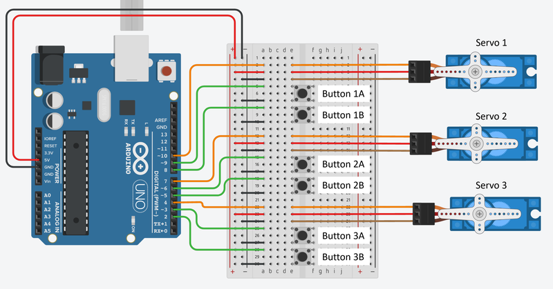 Breadboard diagram showing three servo motors and six buttons connected to an Arduino 