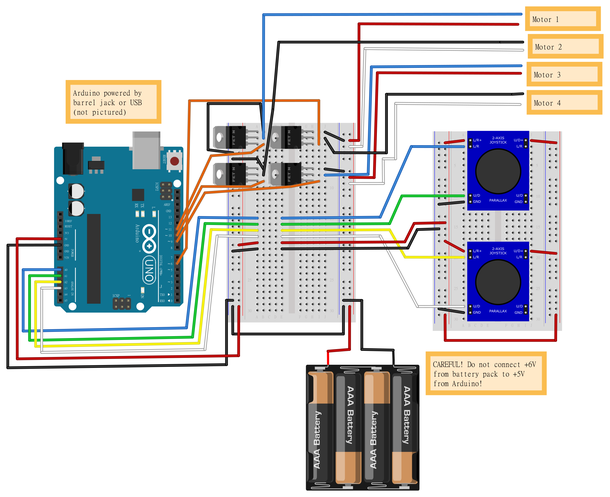 breadboard diagram for dual joystick control of mini drone