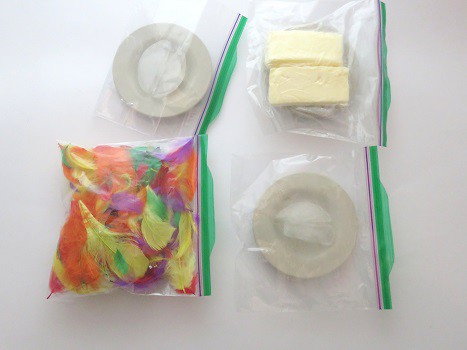 Colorful feathers, butter, and ice cubes all packaged in separate sandwich bags