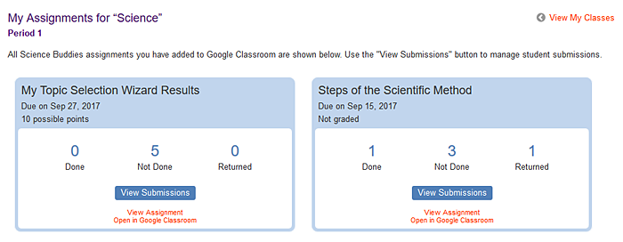 Cropped screenshot of an assignment page in the Teacher Dashboard for Google Classroom