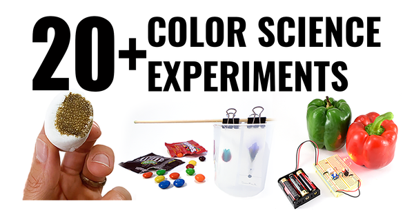 Images of color science experiments, including starch test, candy chromatography, and electronics project to detect vegetable ripeness