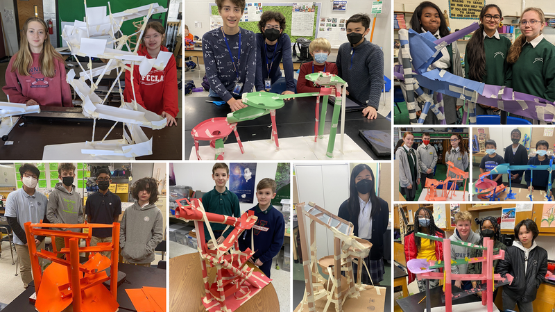 A collage of middle school age students and the paper ball runs they built for the 2022  Engineering Challenge. 