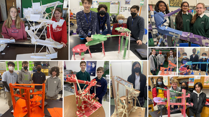 A collage of middle school age students and the paper ball runs they built for the 2022 Engineering Challenge.