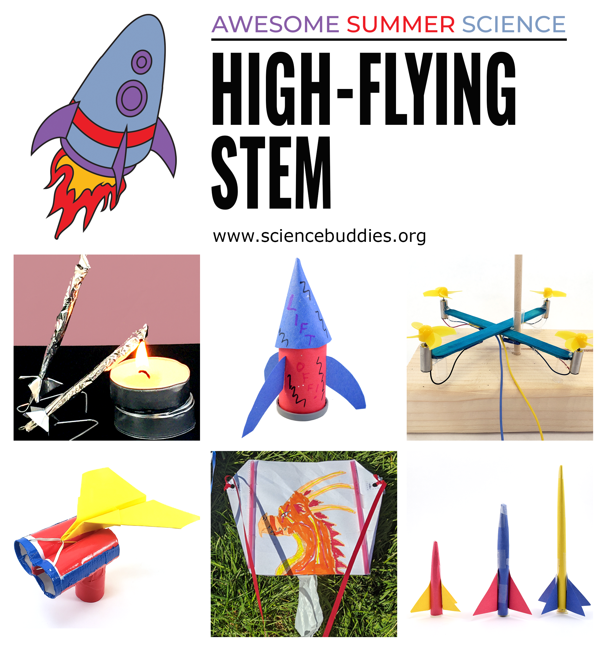 Matchstick rockets, baking soda rocket, paper rocket, drone, kite, paper airplane launcher for High-Flying STEM Week 4 of Awesome Summer Science Experiments