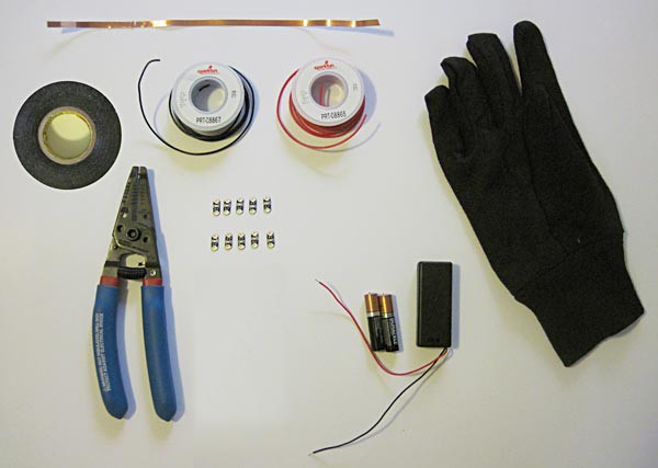 Materials needed to create an LED traffic glove
