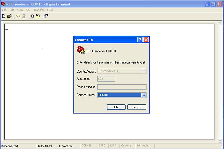 Screenshot of the program Hyperterminal recognizing a RFID reader that is plugged into a computer