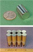 Photo of a neodymium cylinder magnet next to a coin above a photo of eight neodymium cylinder magnets side-by-side