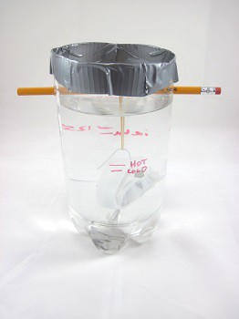 Rubber band with a weight at the end held by a pencil in a glass of cold water