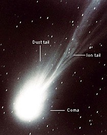 Photo of a comet with the coma, dust tail and ion tail labeled