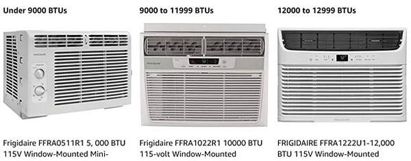 Screenshot of three portable air conditioners found on Amazon.com with various BTU values and price points