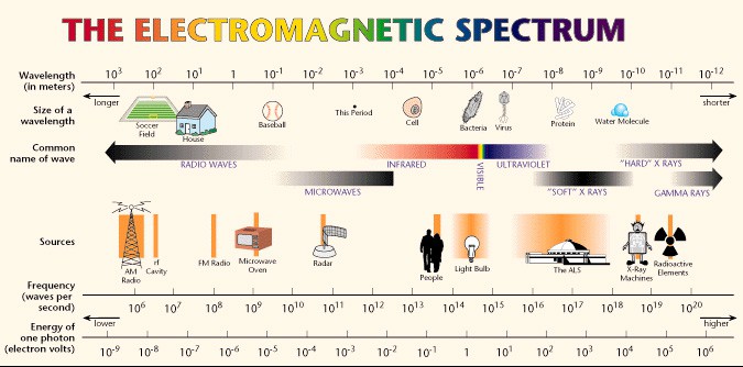 Graph of the electromagnetic spectrum shows wavelengths next to images of scaled objects and the wave sources