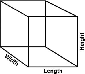 Drawing of a cube with dimensions labeled