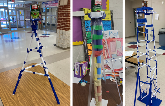 Three sample towers made from paper and tape
