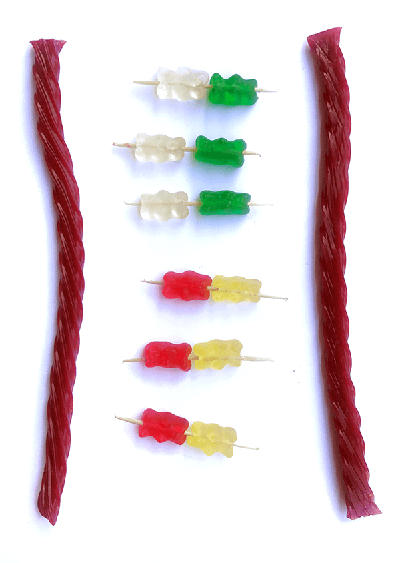 Candy DNA model parts laid out but not yet connected -- licorize backbones and base pairs made from candies connected by toothpicks