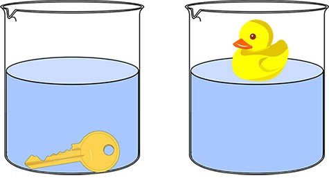 Schematic diagram of two beakers filled with water next to each other. The left beaker shows a sunken metal key. The right beaker shows a floating rubber duck.