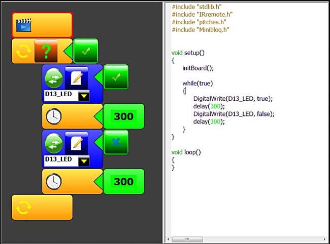 Screenshot of code written in the program Minibloq