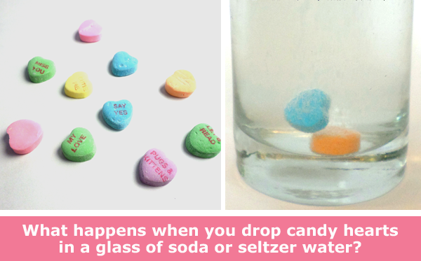 Two photos side-by-side of Sweethearts candy on a table and Sweethearts candy dropped into a cup of seltzer water