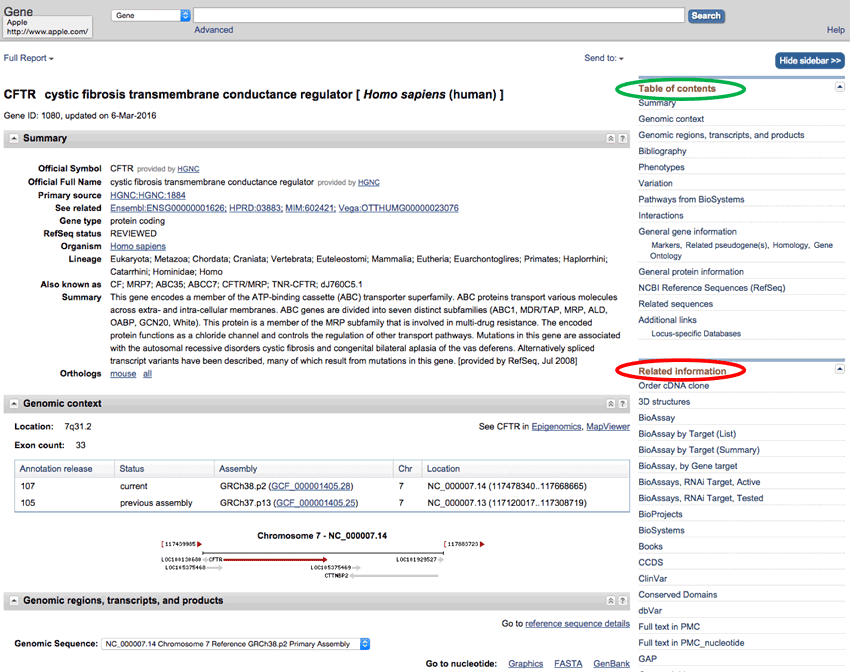 Screenshot of the CFTR gene information page on the ncbi.nlm.nih.gov website