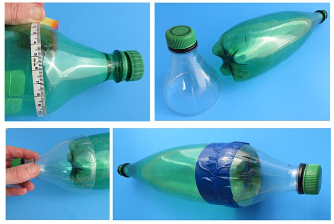 The neck of a plastic bottle is cut off and attached to the bottom of another plastic bottle