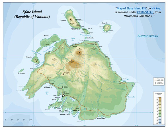 Physical map of the Efate Island showing different landform features.